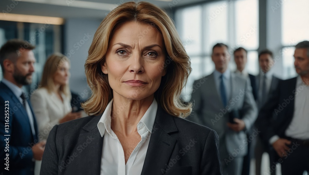 Beautiful middle aged woman on the background of business people Beautiful middle aged woman on the background of business people
