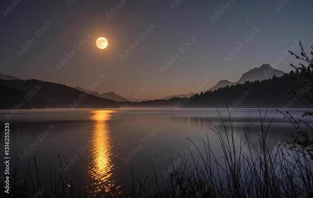 Obraz premium A full moon reflecting on a calm lake with a dark forest in the background