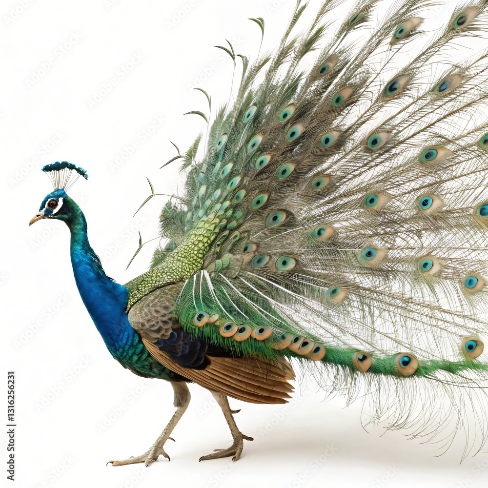 Obraz premium Majestic Indian Peacock Displaying Vibrant Plumage Isolated on White Background