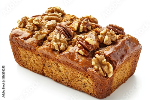 Side view of a loaf of banana bread with walnuts isolated on white background