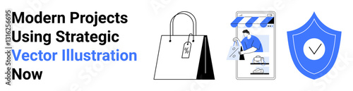 Shopping bag with a price tag, person managing online storefront, blue shield with checkmark symbol. Ideal for retail strategy, e-commerce operations, cybersecurity, marketing, branding, startup
