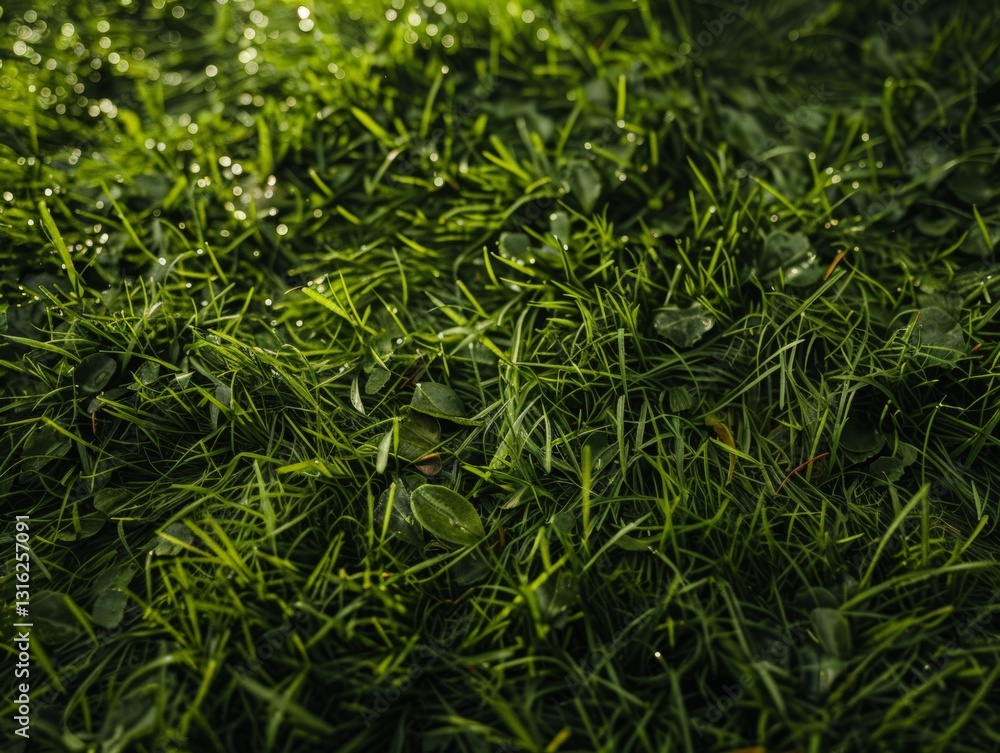 Closeup view of wet short grass ground after rain in evening light with clean lines and natural texture