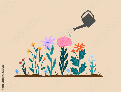 human brain growing flower watering can pouring water on the mind mental health concept positive attitude creative thinking illustration