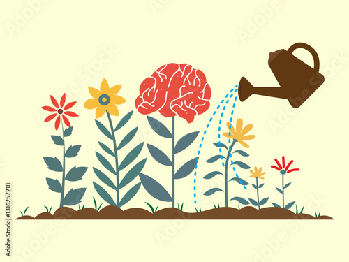 human brain growing flower watering can pouring water on the mind mental health concept positive attitude creative thinking illustration