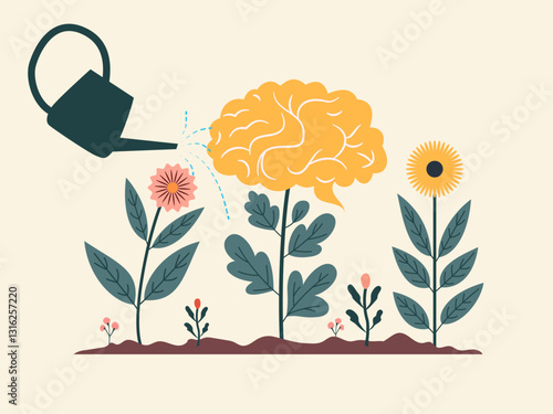 human brain growing flower watering can pouring water on the mind mental health concept positive attitude creative thinking illustration