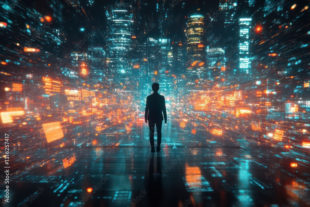A digital business concept with an individual activating global data networks, symbolizing the future of interconnected markets. A digital business concept with an individual activating global data networks, symbolizing the future of interconnected markets.