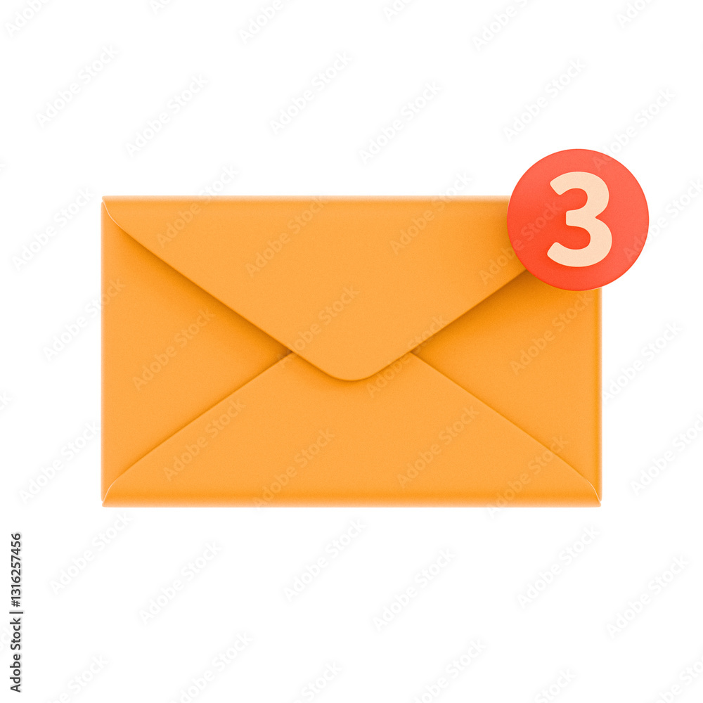Icon is a yellow notification email with the number three. Modern illustration isolated on white background. 3d render Icon is a yellow notification email with the number three. Modern illustration isolated on white background. 3d render
