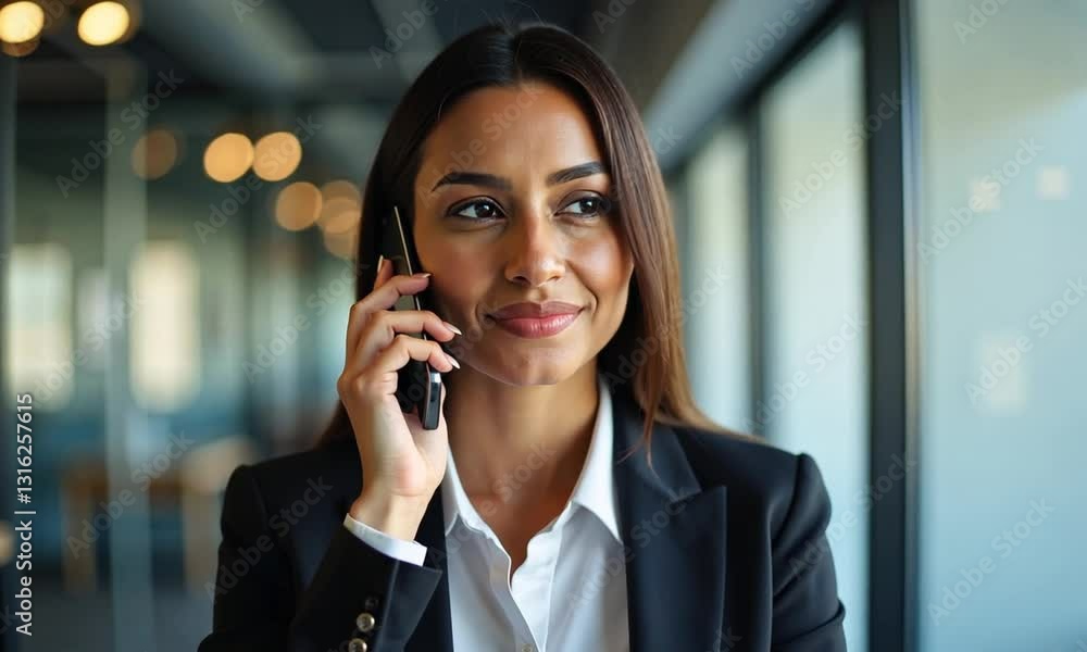 Young Latina Executive on a Business Call in a Modern Office Young Latina Executive on a Business Call in a Modern Office