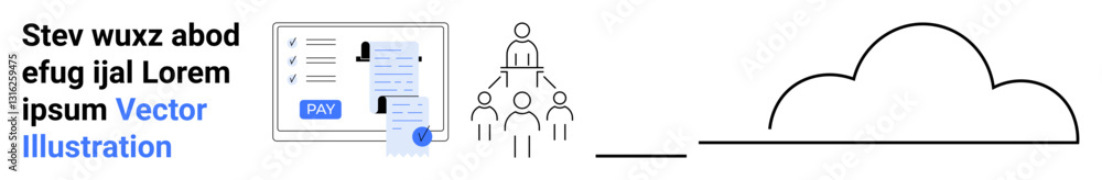 Document review panel, hierarchical team icon, and cloud symbol convey teamwork, digital collaboration, data storage. Ideal for tech workflows, project management, cloud computing, approvals process Document review panel, hierarchical team icon, and cloud symbol convey teamwork, digital collaboration, data storage. Ideal for tech workflows, project management, cloud computing, approvals process