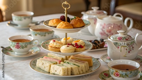 A three-tiered plate elegantly displaying an assortment of tea and delicious sandwiches, perfect for afternoon tea