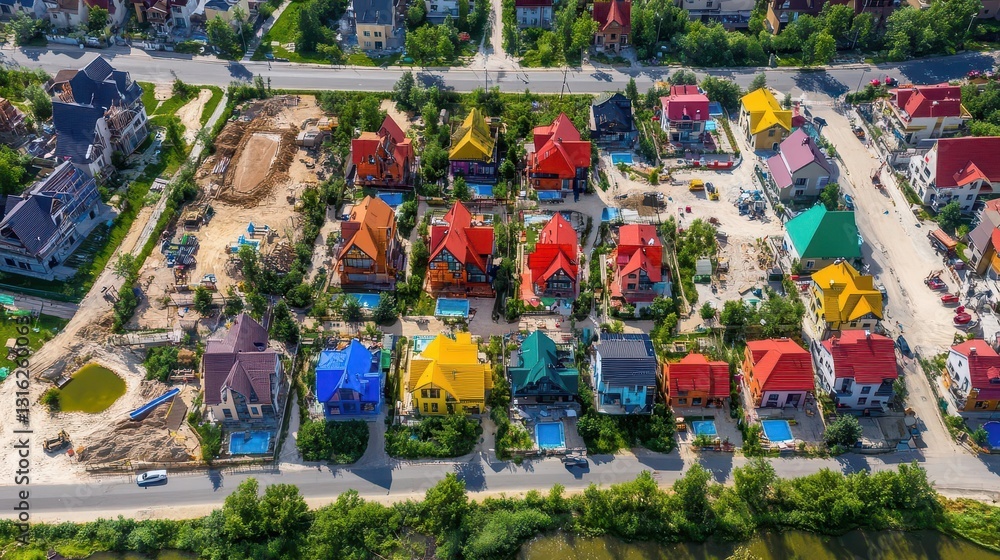 Fototapeta premium Aerial View of Colorful Houses in a Residential Neighborhood
