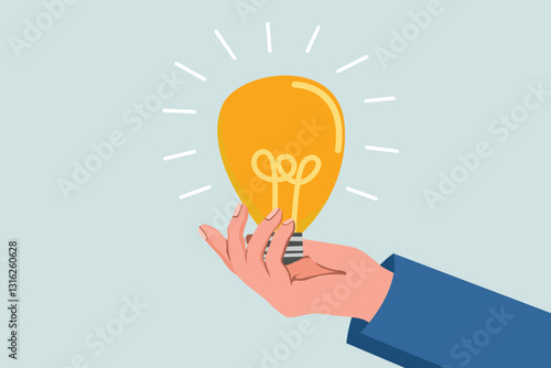 Problem solving or business solutions, answers or ideas to solve difficulties and problems, FAQ concept, businessman's hand answering with a light bulb.