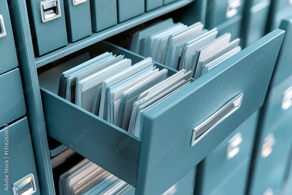 Fototapeta premium Exploring the organized chaos of a modern office with colorful filing cabinets and abundant documents