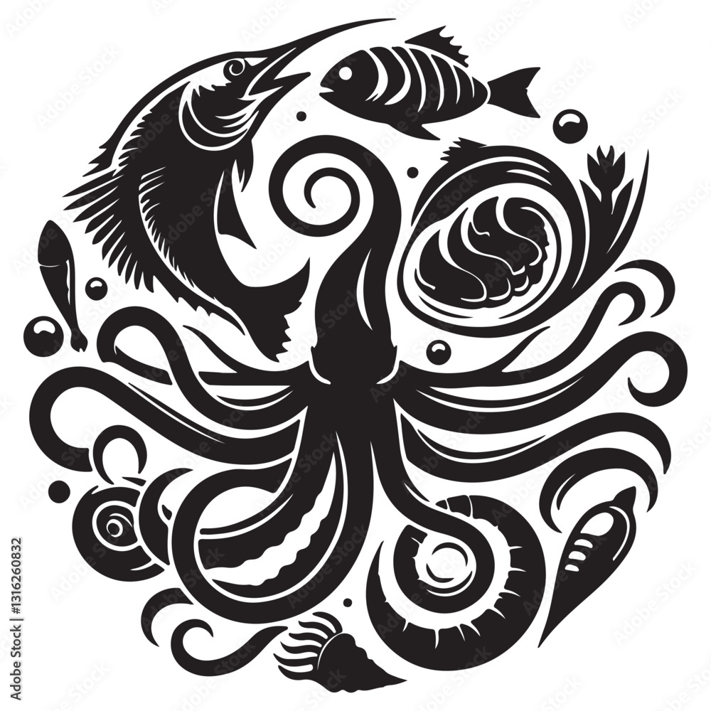 sea food icon vector silhouette. Abstract shapes of shell, mollusk, mussels, octopus, squid, crab, starfish. sea food icon vector silhouette. Abstract shapes of shell, mollusk, mussels, octopus, squid, crab, starfish.