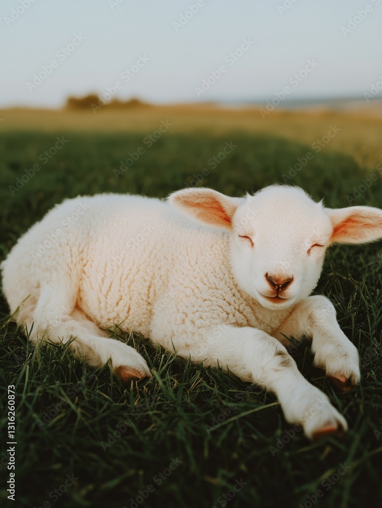 Fototapeta premium A little lamb lying on its side in the grass, sick or injured.