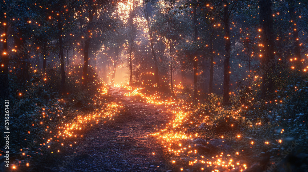 Enchanting glowing path through forest nature scene magical atmosphere night time fantasy concept Enchanting glowing path through forest nature scene magical atmosphere night time fantasy concept
