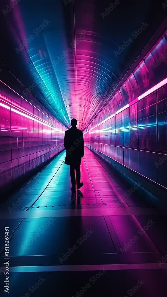 Neon Nightscape: A Solitary Figure in a Vibrant Tunnel Neon Nightscape: A Solitary Figure in a Vibrant Tunnel
