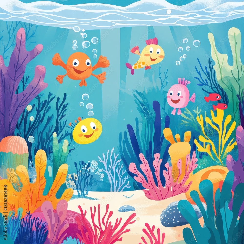 Obraz premium Happy cartoon fish swimming in a colorful underwater environment