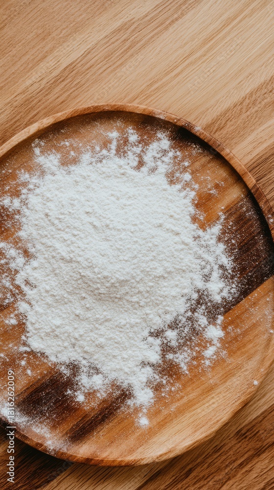 close-up of a wooden kitchen table with flour and space for text. close-up of a wooden kitchen table with flour and space for text.