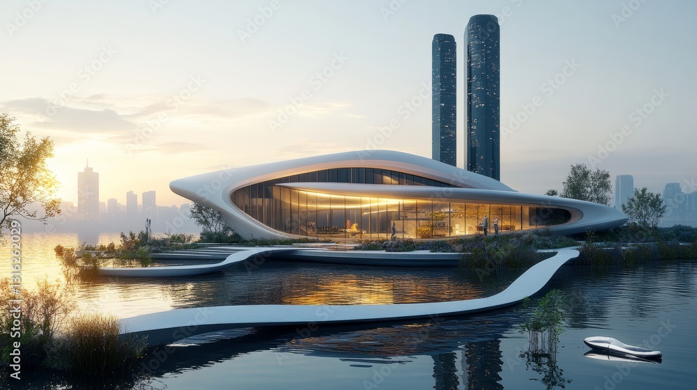 A clean energy innovation center in a smart city, with a futuristic design and eco-friendly materials A clean energy innovation center in a smart city, with a futuristic design and eco-friendly materials