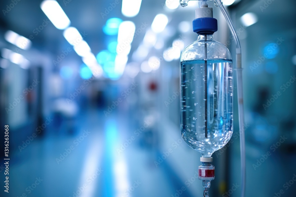 Clear liquid in an IV bag hangs from a stand, illuminated by soft lighting in a healthcare setting, conveying a sense of care and treatment Clear liquid in an IV bag hangs from a stand, illuminated by soft lighting in a healthcare setting, conveying a sense of care and treatment