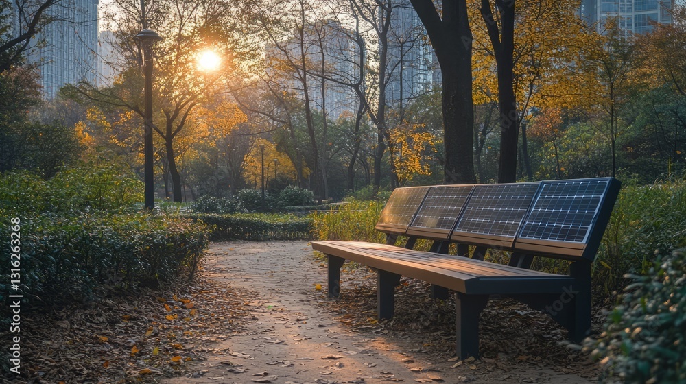 Fototapeta premium A clean energy smart city park with solar-powered benches and smart waste collection systems