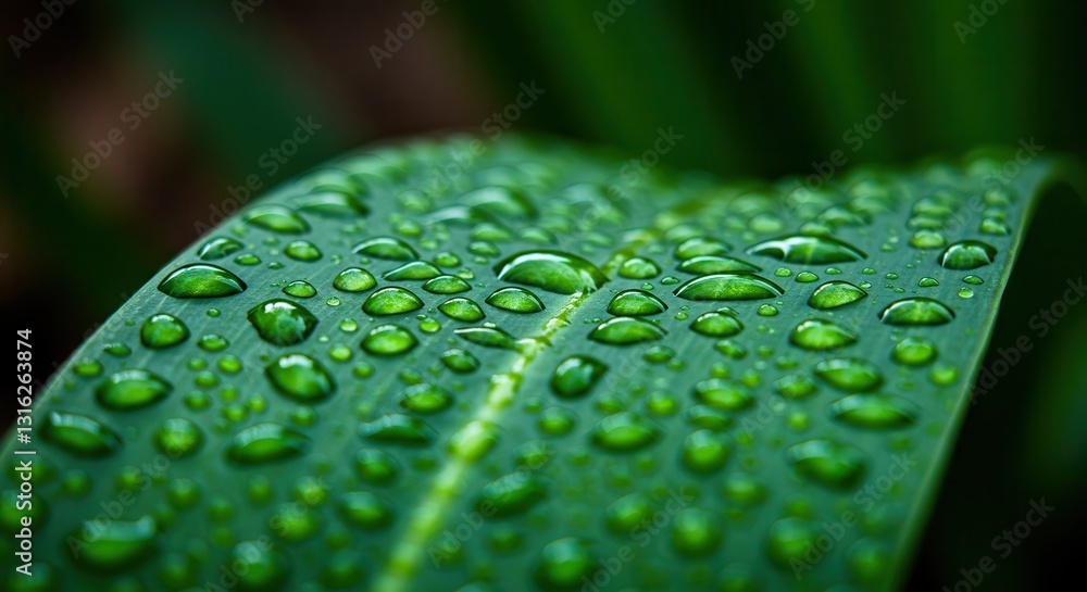 Green Leaf Covered with Fresh Rain Droplets in Detailed Close-up Green Leaf Covered with Fresh Rain Droplets in Detailed Close-up
