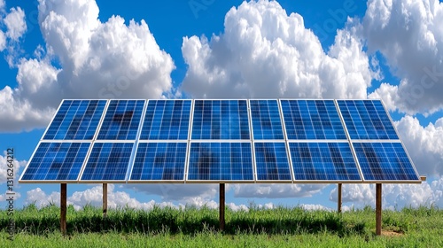 Blue Solar Panels in Green Field Under a Cloudy Sky