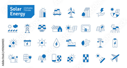 Solar Energy Blue Icons Set. Solar Panel, Green Energy, Sun Energy, Solar Battery, Energy Saving, Solar House, Ecology, Electricity, Renewable Energies Editable Stroke Vector Illustration