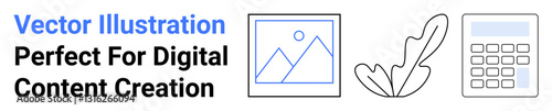 Media thumbnail, artistic feather pen, calculator represent content creation, creativity, media, education, finance, technology and organization. Ideal for digital content and flat landing page