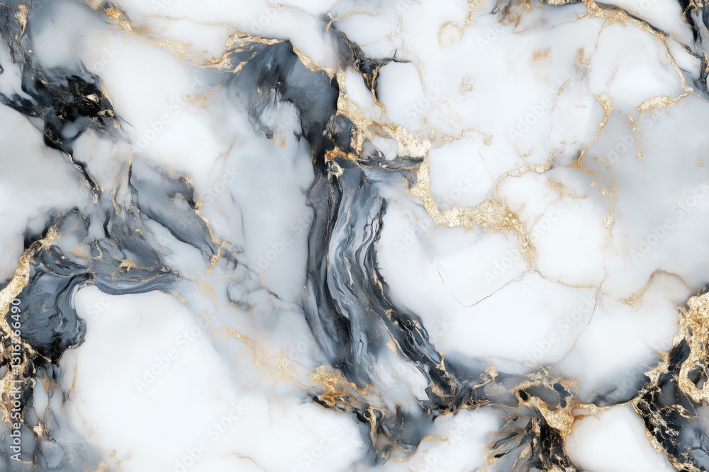 Seamless luxurious marble texture featuring swirling patterns of black, white, and gold. The intricate veins and glossy surface create an elegant and sophisticated appearance.