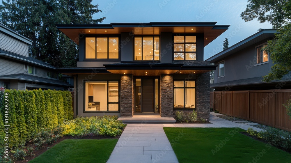 Fototapeta premium Modern two-story house with beautiful landscaping at twilight