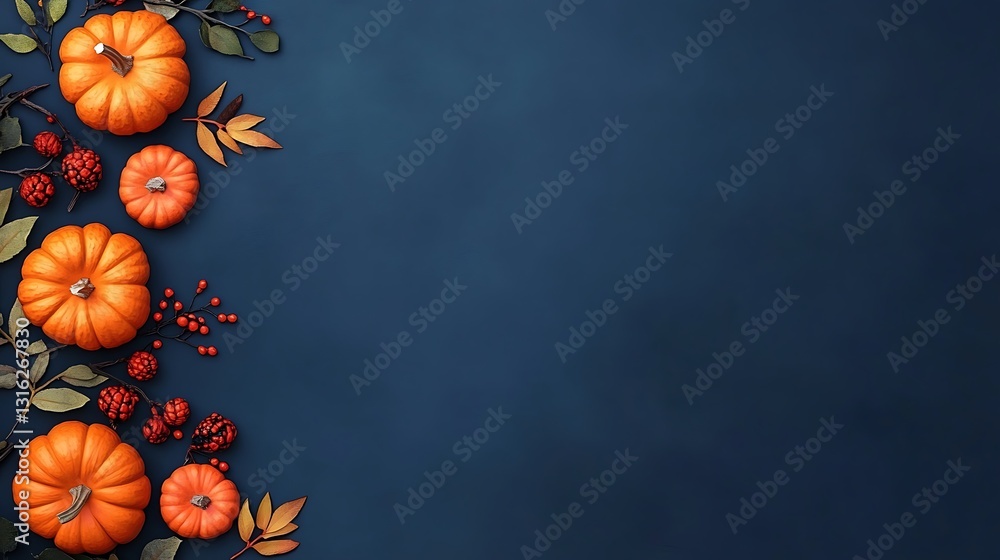 Autumnal Pumpkins and Berries on Deep Blue Background AI Generated Autumnal Pumpkins and Berries on Deep Blue Background AI Generated