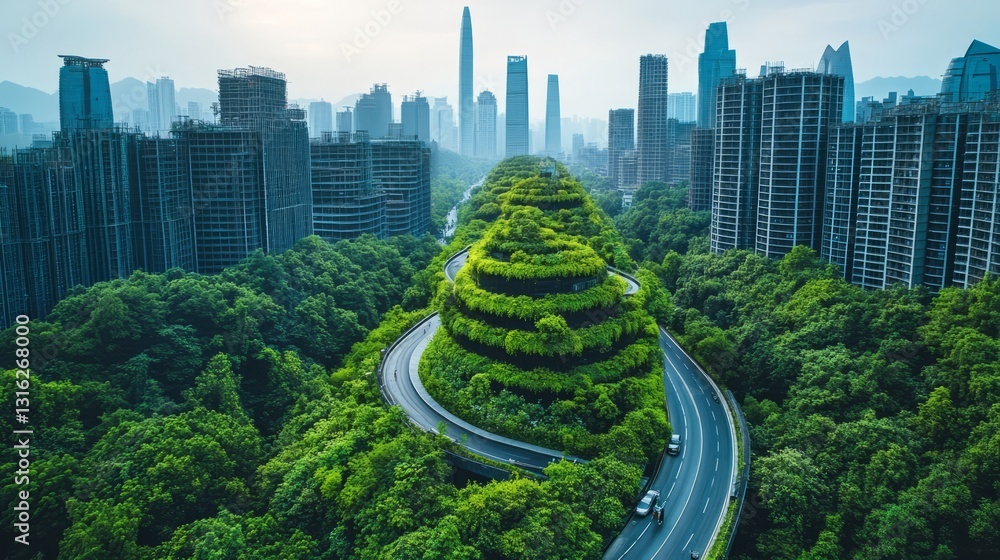 Fototapeta premium A drone view of a smart city showing renewable energy solutions integrated into urban planning