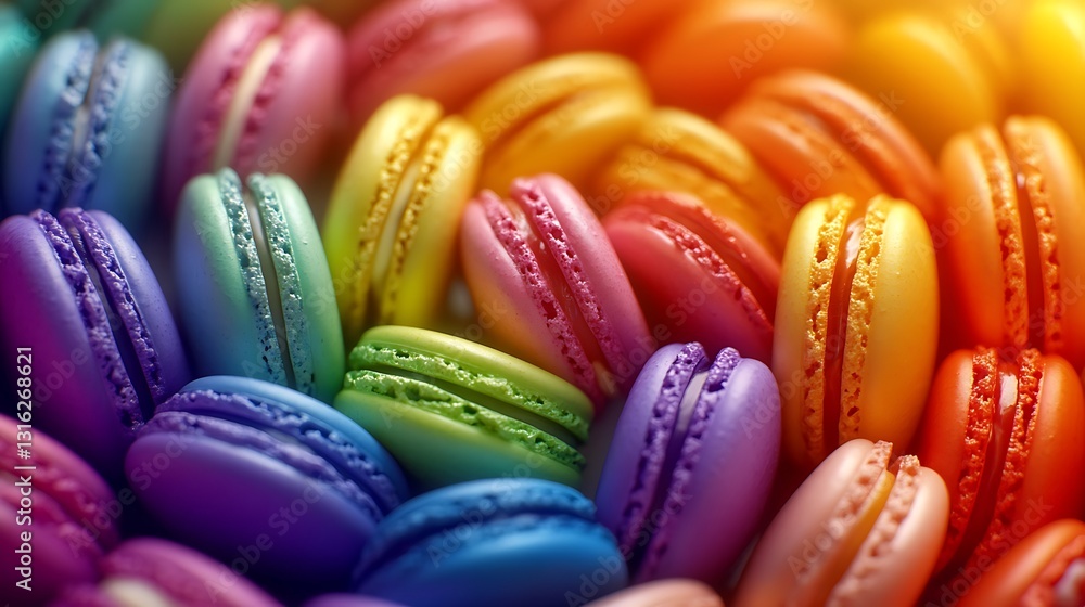 Rainbow macaron array close-up, bright studio, colorful dessert display for treats Rainbow macaron array close-up, bright studio, colorful dessert display for treats