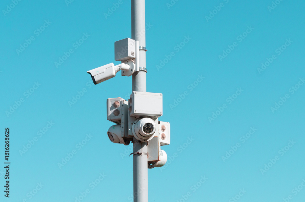 A pole with surveillance cameras against the sky: the concept of total state surveillance of citizens A pole with surveillance cameras against the sky: the concept of total state surveillance of citizens