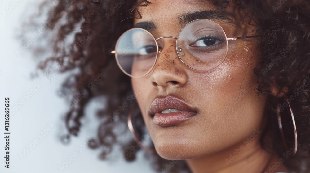 The image features a person with curly hair wearing round glasses, posing for a portrait with a neutral backdrop. The image features a person with curly hair wearing round glasses, posing for a portrait with a neutral backdrop.