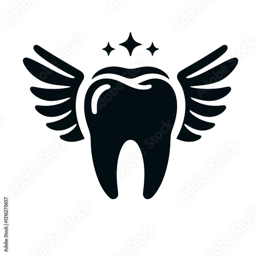 Whimsical tooth with wings and sparkling stars representing joyful dental health and care