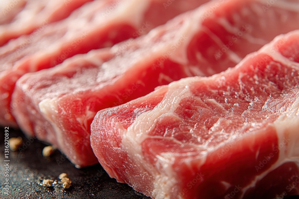 Detailed view of raw pork chop meat revealing its rich textures and marbling, emphasizing freshness and quality for culinary use Detailed view of raw pork chop meat revealing its rich textures and marbling, emphasizing freshness and quality for culinary use