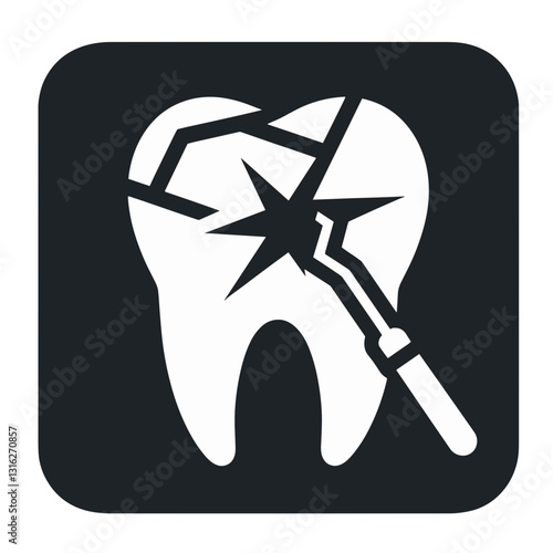 A cracked tooth with a dental instrument indicating the need for treatment against a dark square with rounded corners