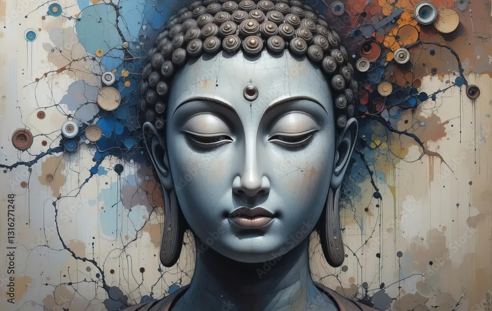 An oil painting of Buddha's face with an abstract textured background