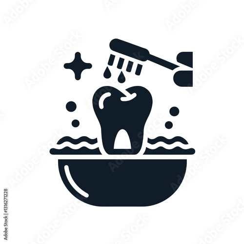 Tooth in a bowl with a toothbrush dripping water, symbolizing brushing and oral hygiene