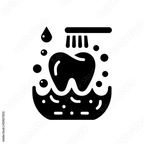 Tooth in a bowl with a toothbrush symbolizing brushing and oral hygiene