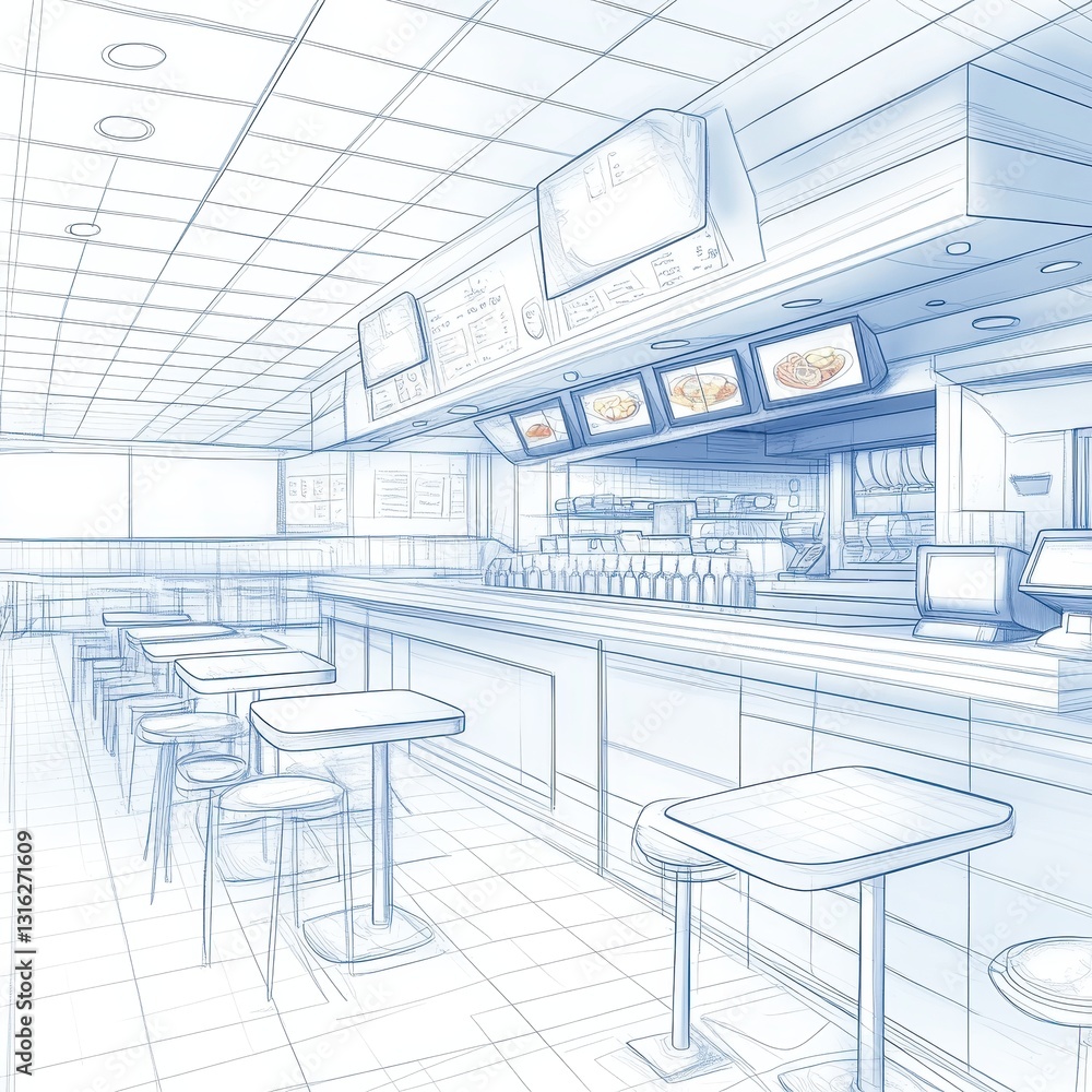 A detailed sketch of the interior of a fast food restaurant A detailed sketch of the interior of a fast food restaurant
