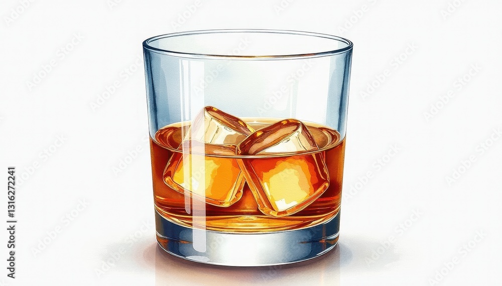 Whiskey Illustration: GoldenBrown Liquid Against Clear Ice on White Background. A glass of whiskey with ice cubes in it. Whiskey Illustration: GoldenBrown Liquid Against Clear Ice on White Background. A glass of whiskey with ice cubes in it.