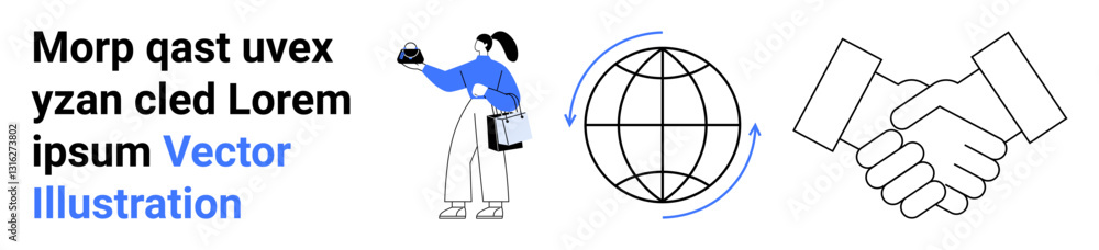 Woman holding a model with rotating globe and handshake icon, symbolizing innovation, global business, partnerships, networking, international trade, teamwork, flat landing page banner Woman holding a model with rotating globe and handshake icon, symbolizing innovation, global business, partnerships, networking, international trade, teamwork, flat landing page banner