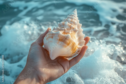 A hand holding a perfect conch shell, waves gently crashing nearby.