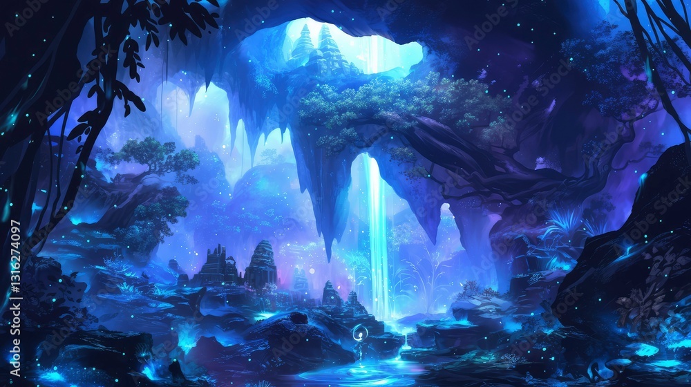 Obraz premium Enchanting Blue Grotto Fantasy Waterfall and Glowing Flora