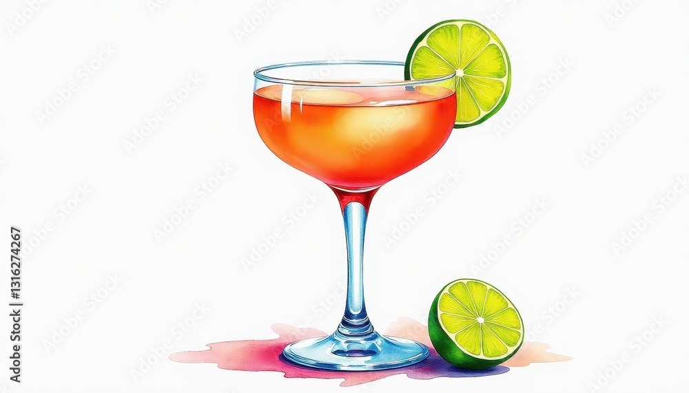 Vibrant Watercolor Margarita Illustration on White Background. A watercolor painting of a cocktail with a lime slice. Vibrant Watercolor Margarita Illustration on White Background. A watercolor painting of a cocktail with a lime slice.