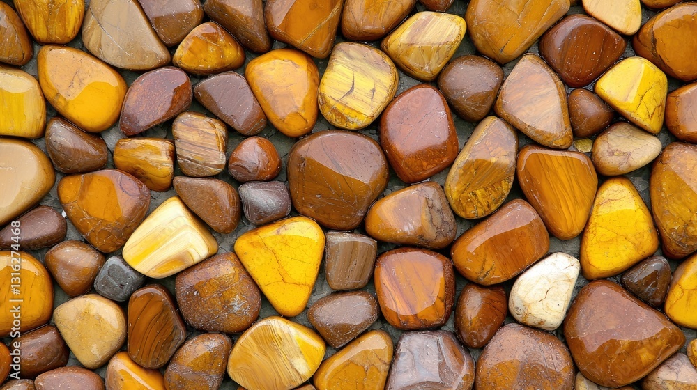 Close-Up of a Variety of Naturally Shiny Brown and Golden Pebbles or Stones Arranged in a Beautiful Pattern Creating a Textured Background Close-Up of a Variety of Naturally Shiny Brown and Golden Pebbles or Stones Arranged in a Beautiful Pattern Creating a Textured Background